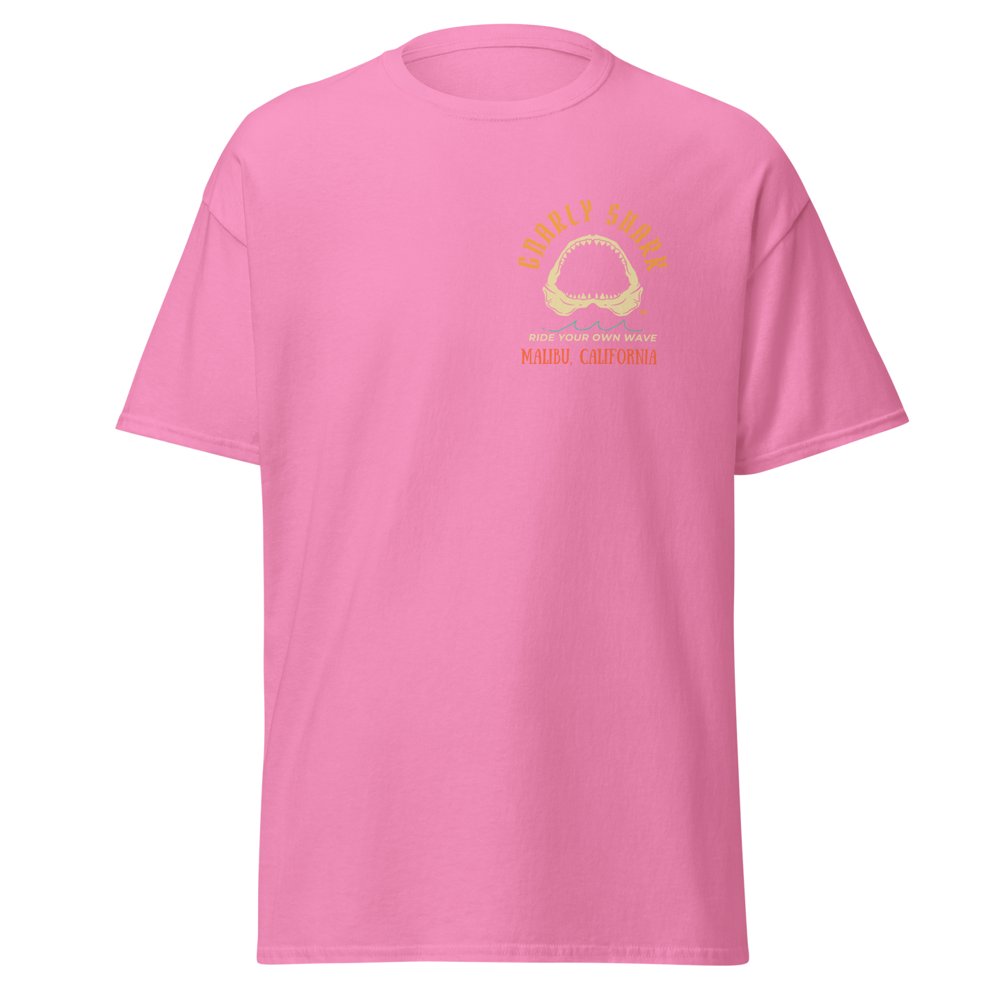 Gnarly Shark Malibu California T-Shirt - Front / Back - Gildan classic 5000