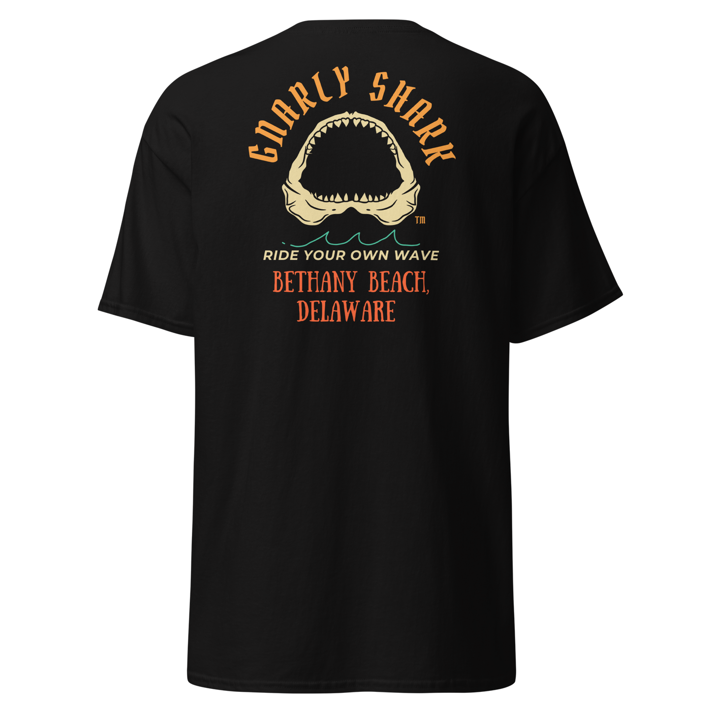 Gnarly Shark Bethany Beach Delaware T-Shirt - Front / Back - Gildan classic 5000