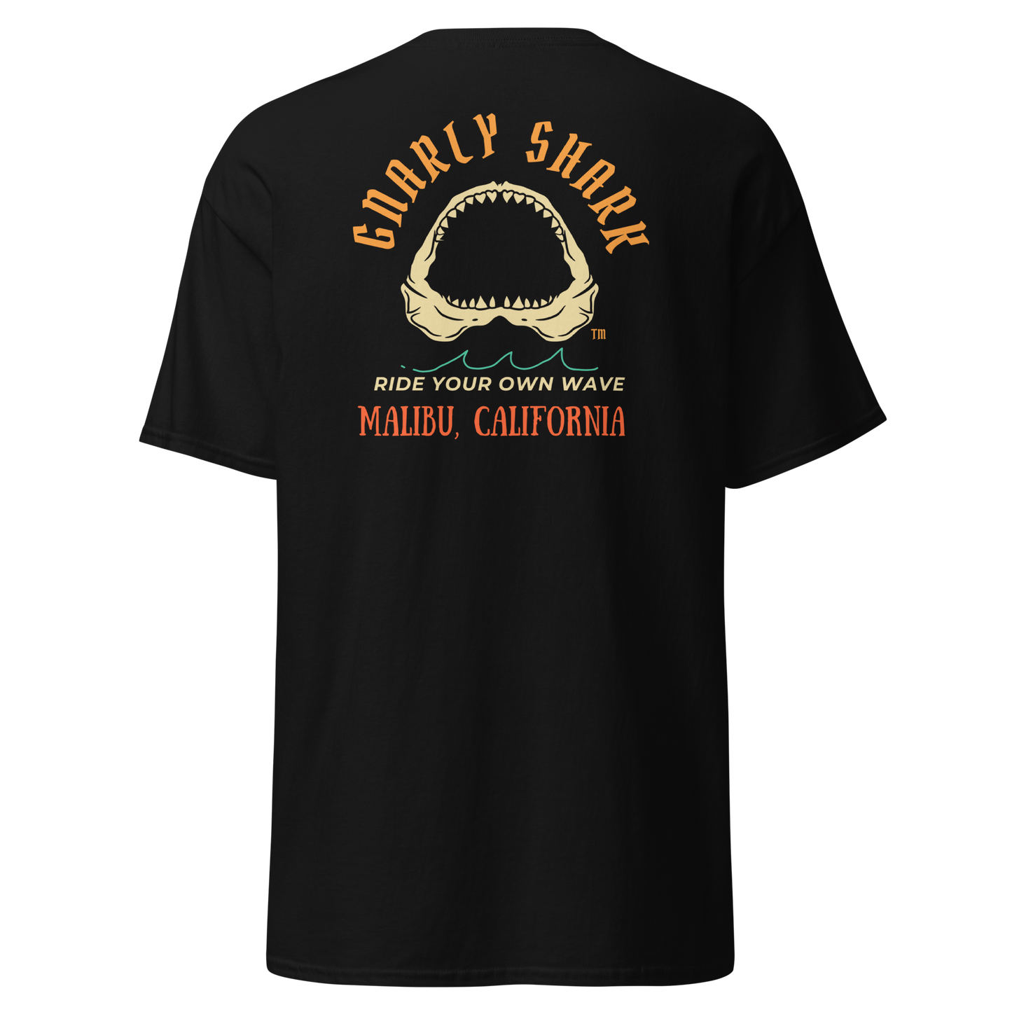 Gnarly Shark Malibu California T-Shirt - Front / Back - Gildan classic 5000