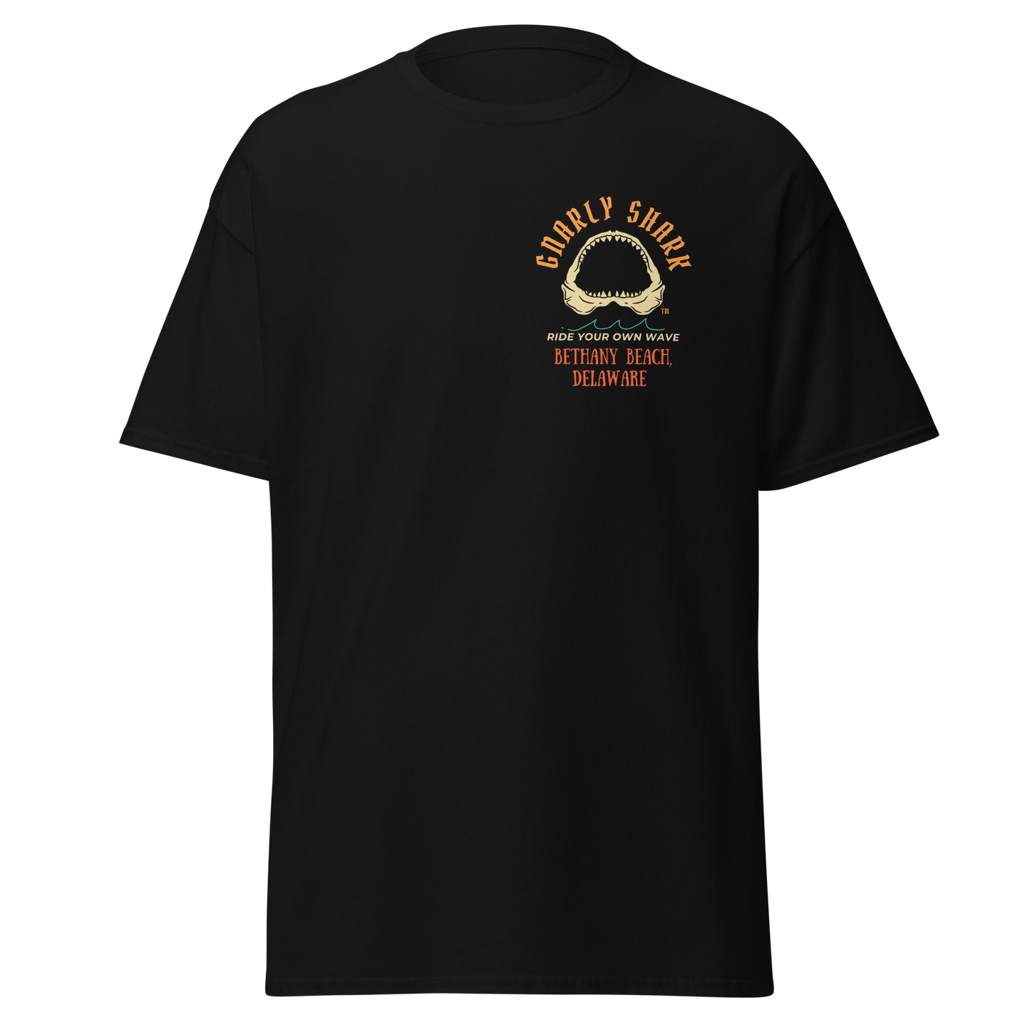 Gnarly Shark Bethany Beach Delaware T-Shirt - Front / Back - Gildan classic 5000