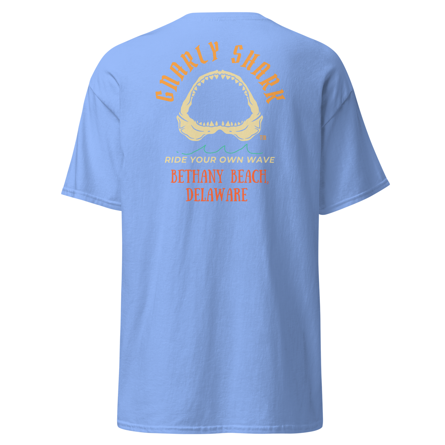 Gnarly Shark Bethany Beach Delaware T-Shirt - Front / Back - Gildan classic 5000