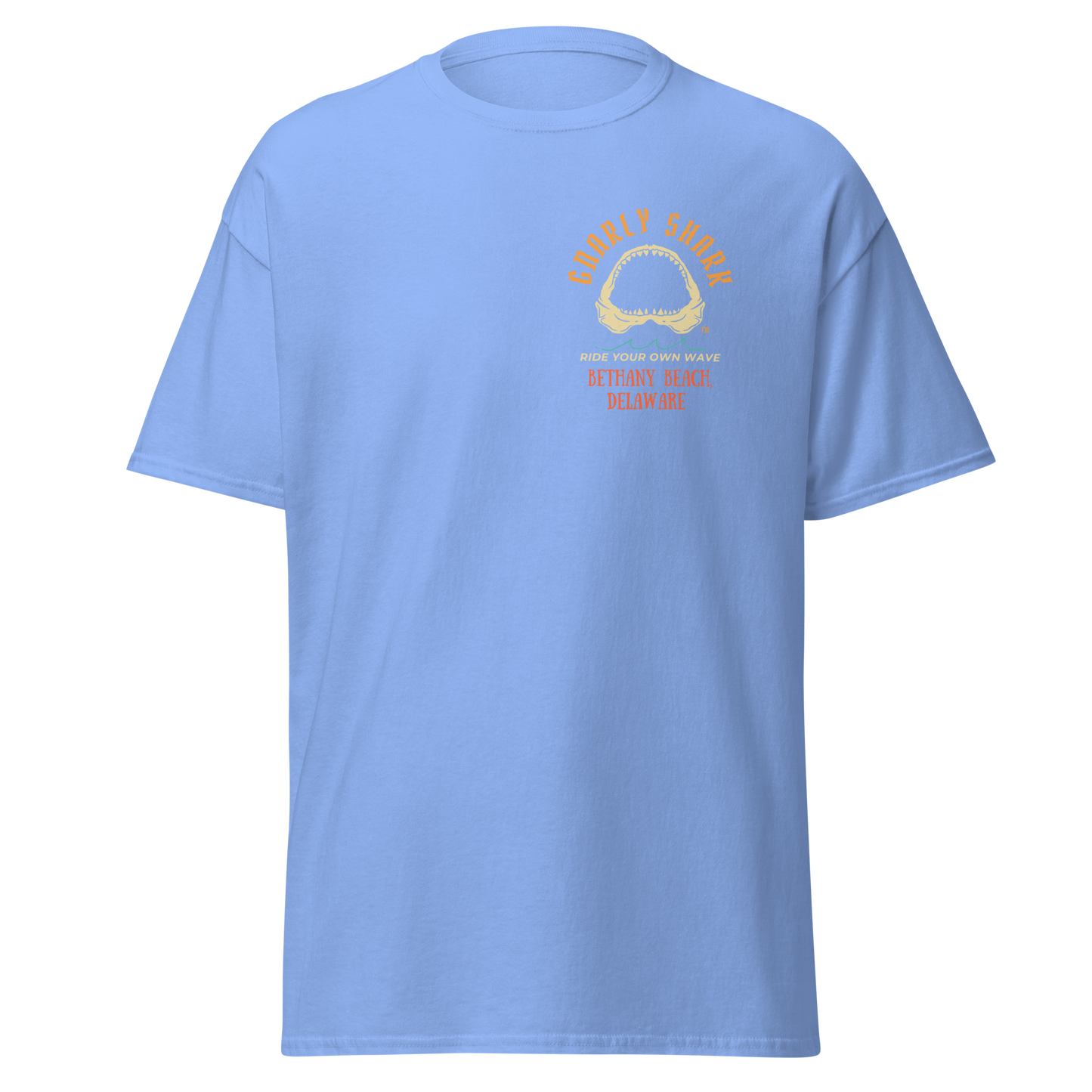 Gnarly Shark Bethany Beach Delaware T-Shirt - Front / Back - Gildan classic 5000