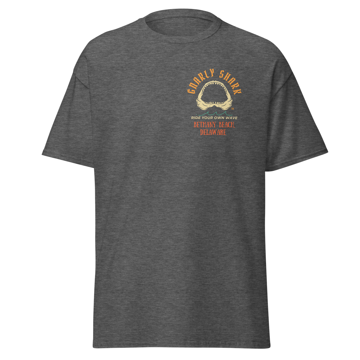 Gnarly Shark Bethany Beach Delaware T-Shirt - Front / Back - Gildan classic 5000