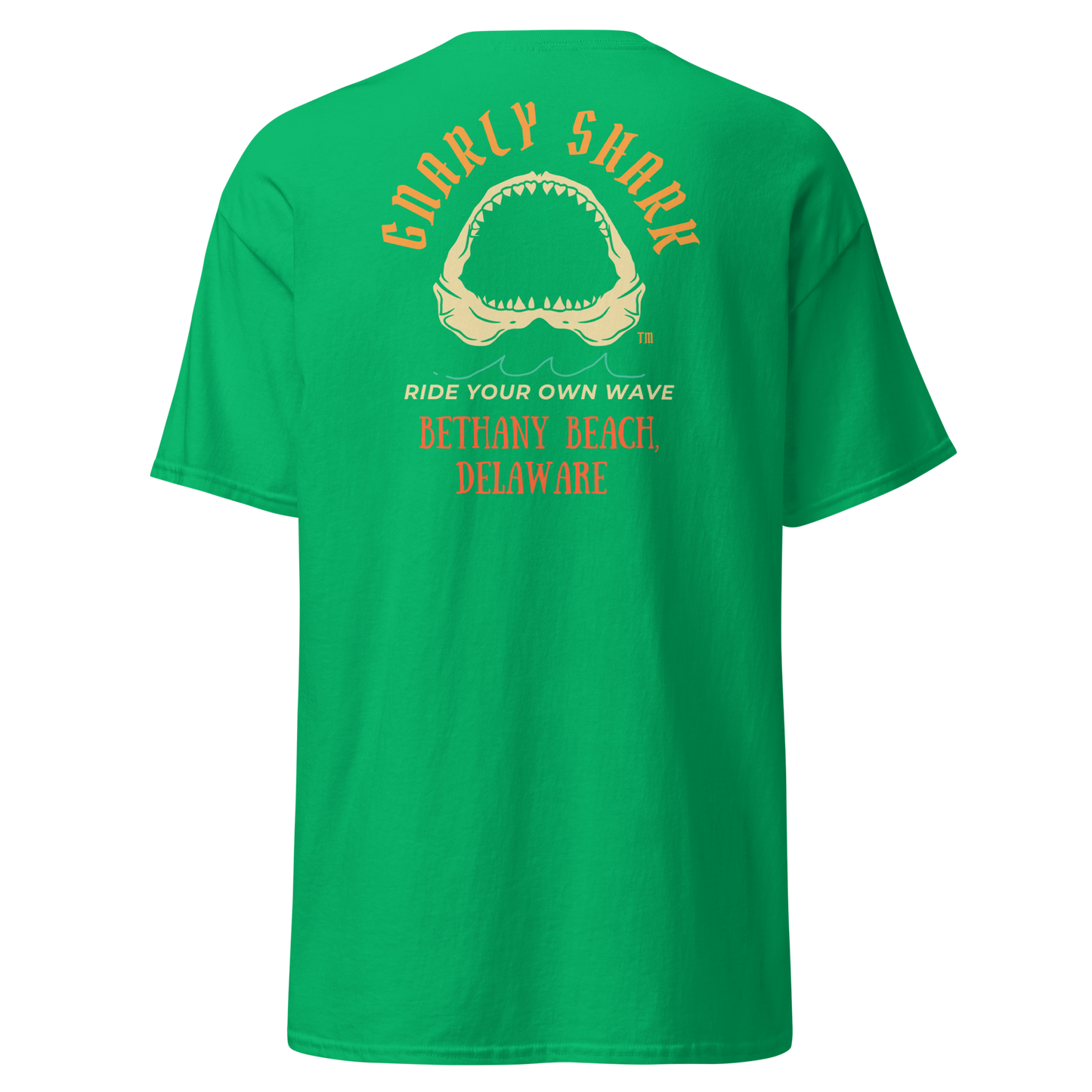Gnarly Shark Bethany Beach Delaware T-Shirt - Front / Back - Gildan classic 5000