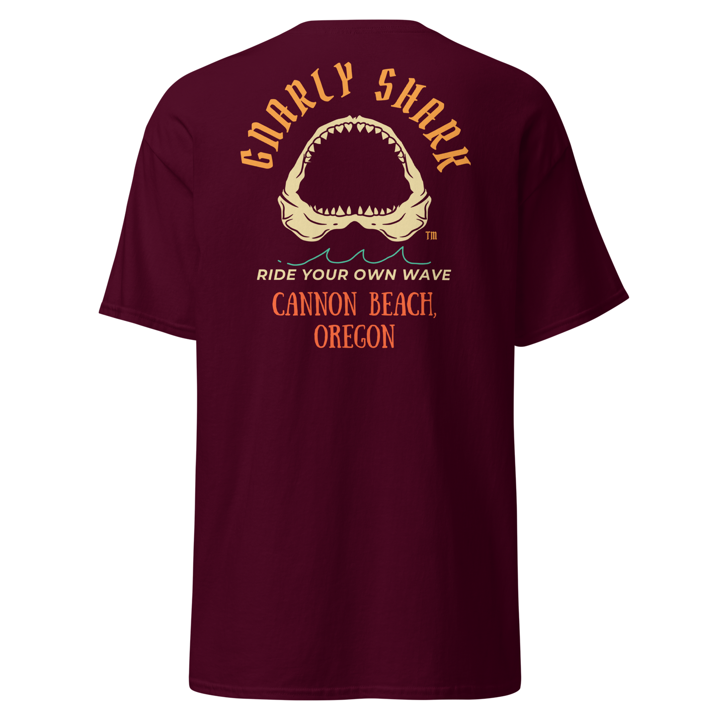 Gnarly Shark Cannon Beach Oregon T-Shirt - Front / Back - Gildan classic 5000
