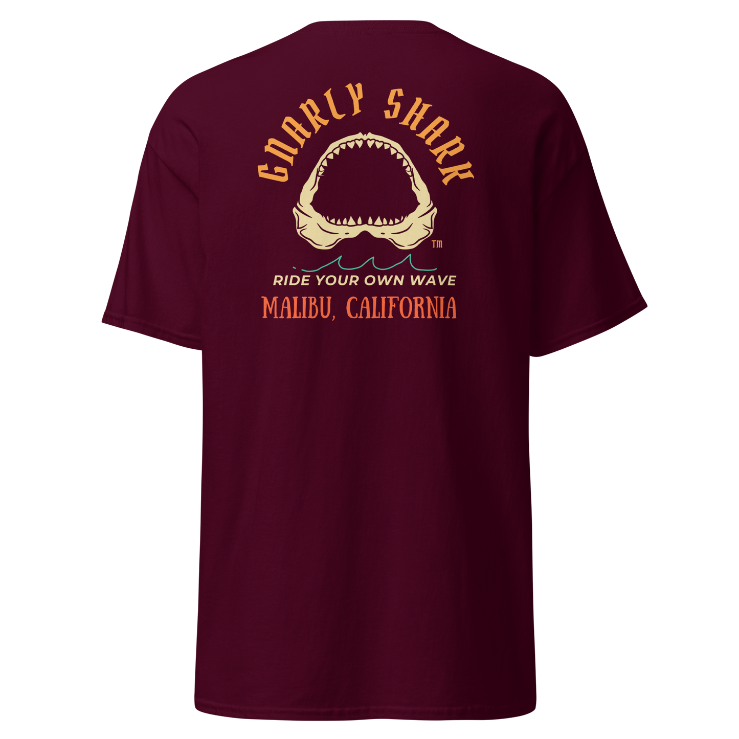 Gnarly Shark Malibu California T-Shirt - Front / Back - Gildan classic 5000