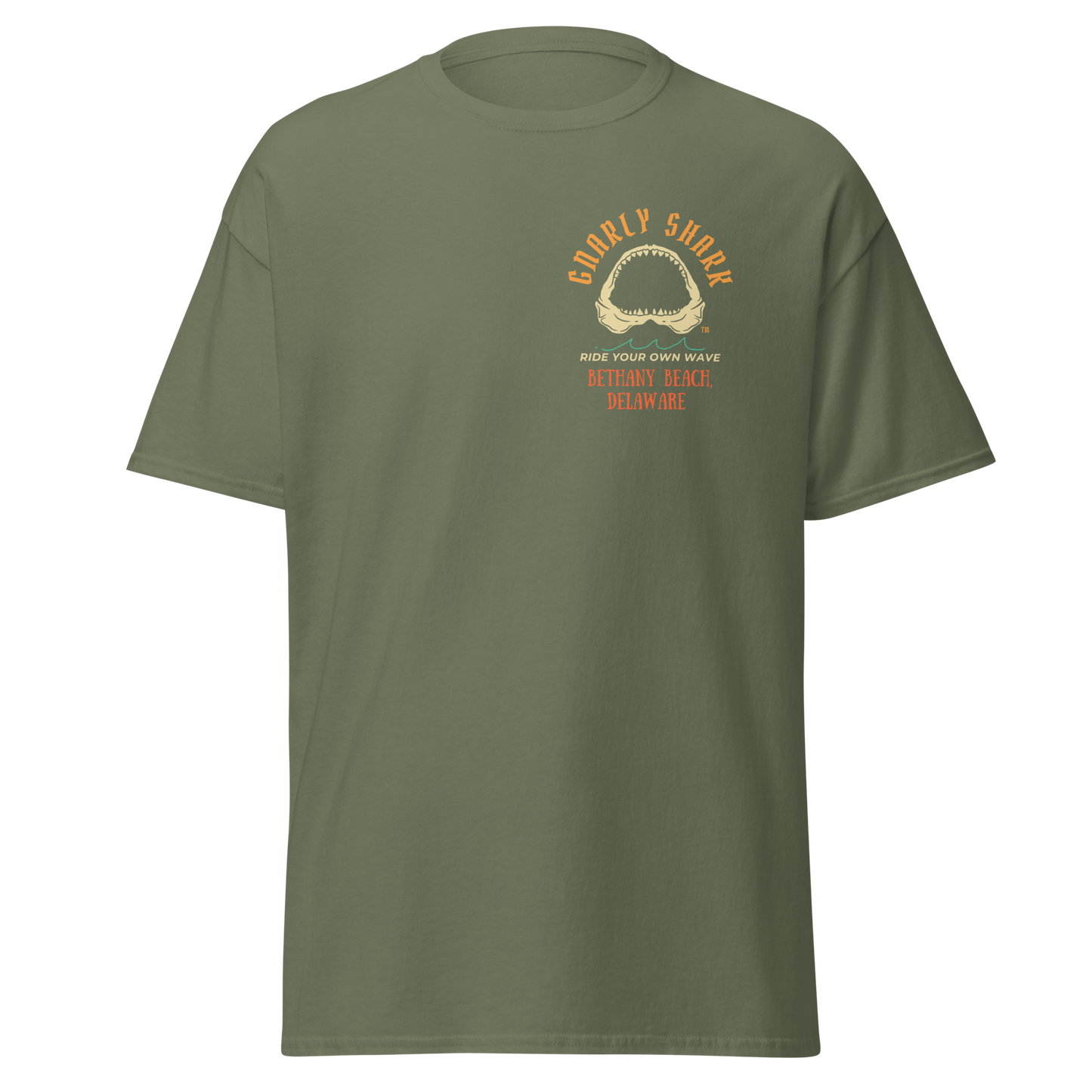 Gnarly Shark Bethany Beach Delaware T-Shirt - Front / Back - Gildan classic 5000