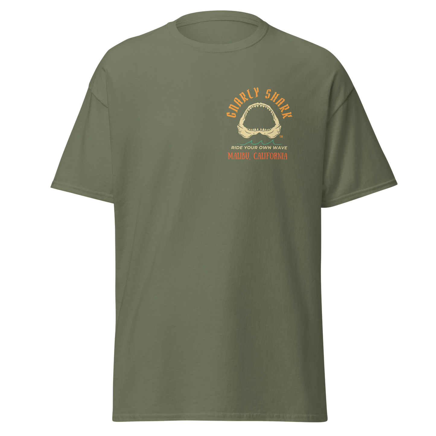Gnarly Shark Malibu California T-Shirt - Front / Back - Gildan classic 5000