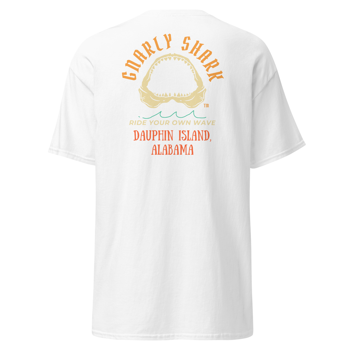 Gnarly Shark Dauphin Island Alabama T-Shirt - Front / Back - Gildan classic 5000