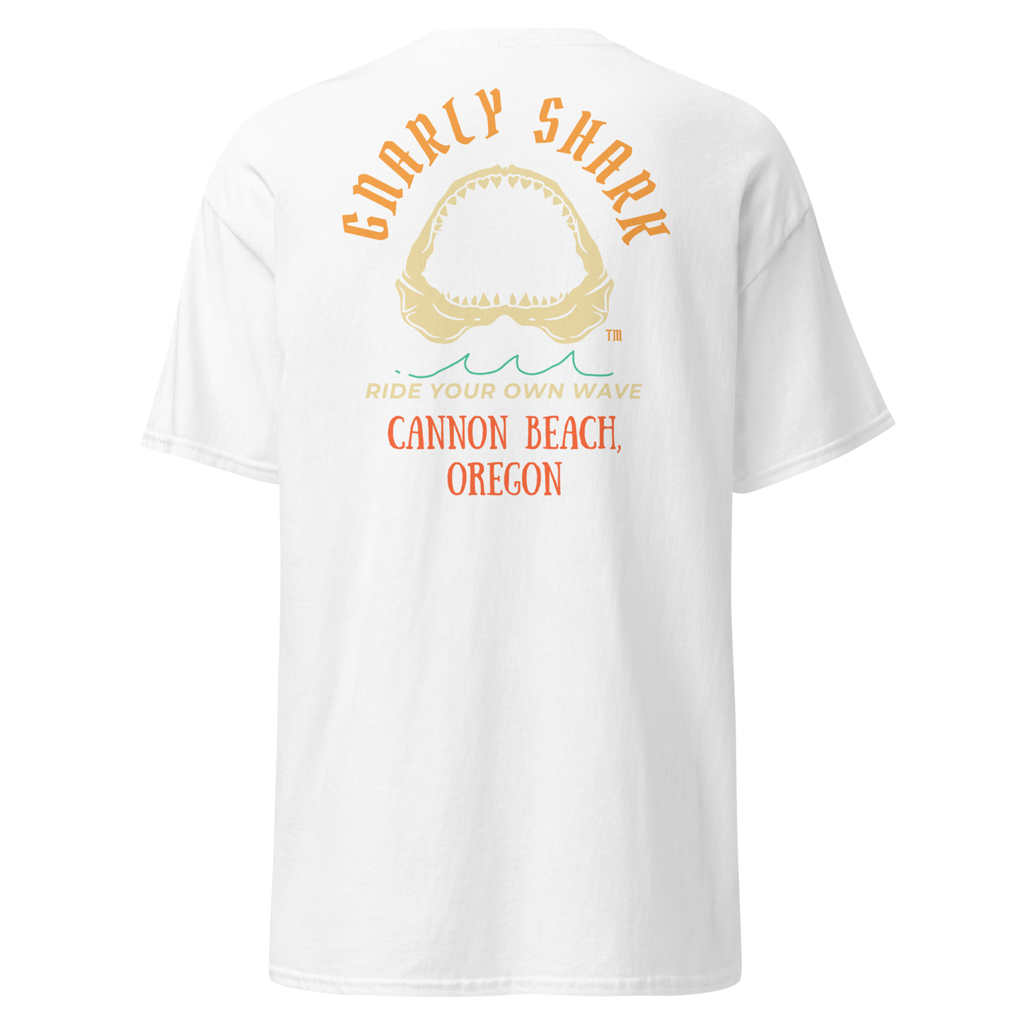 Gnarly Shark Cannon Beach Oregon T-Shirt - Front / Back - Gildan classic 5000