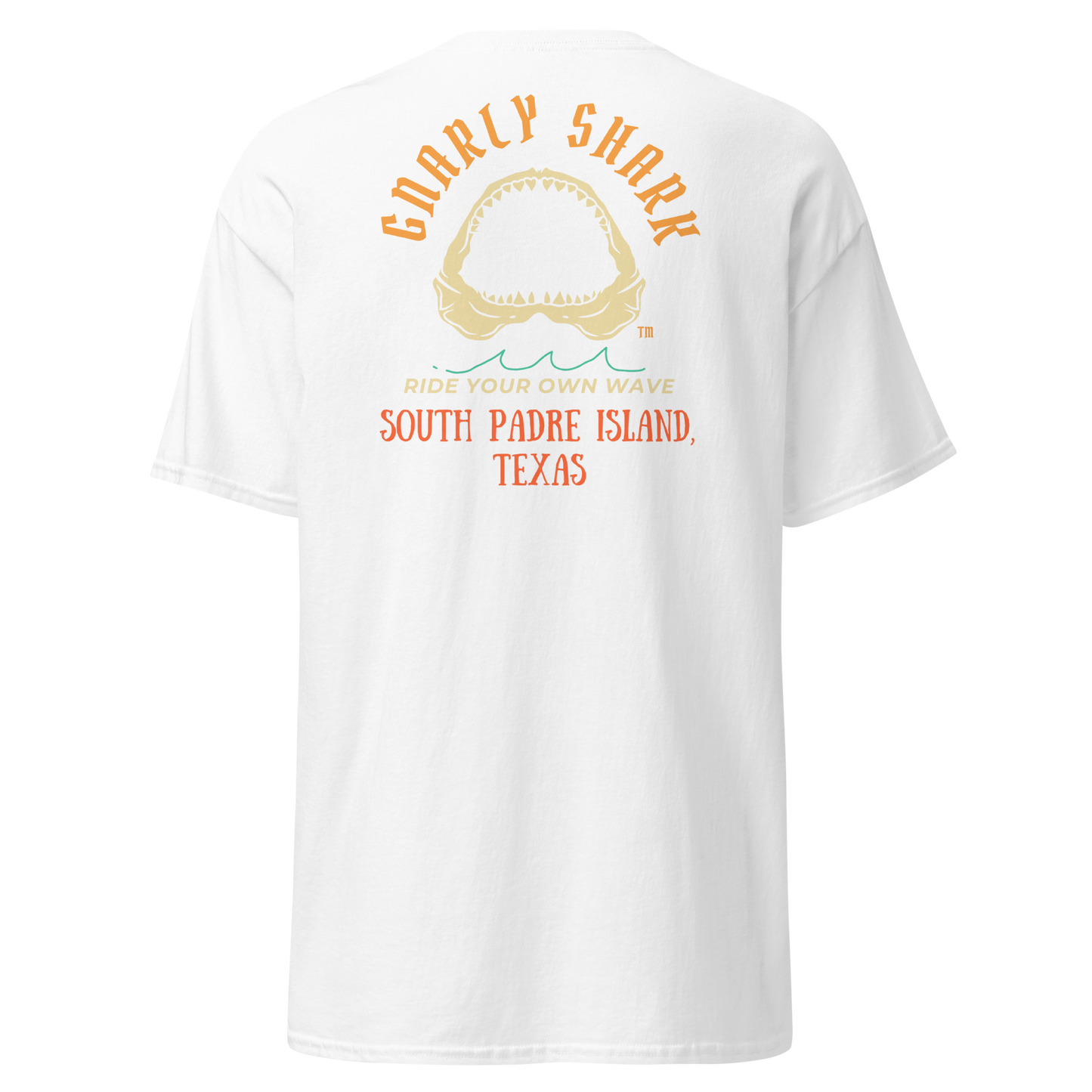 Gnarly Shark South Padre Island Texas T-Shirt - Front / Back - Gildan classic 5000
