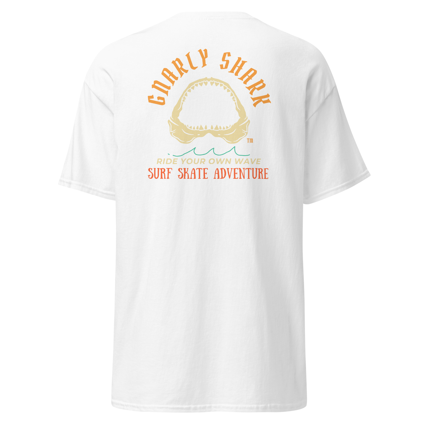 Gnarly Shark Surf Skate Adventure T-Shirt - Front / Back - Gildan classic 5000