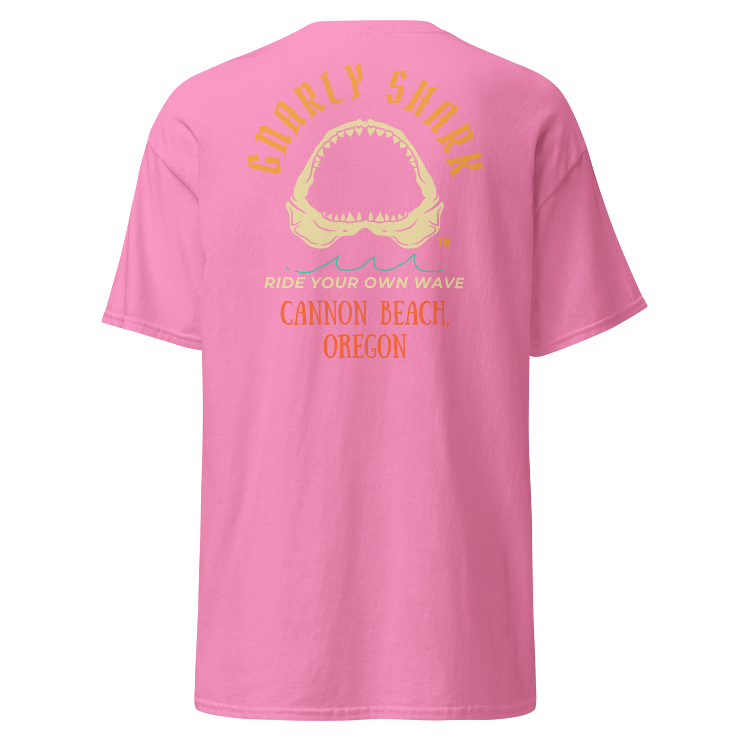 Gnarly Shark Cannon Beach Oregon T-Shirt - Front / Back - Gildan classic 5000