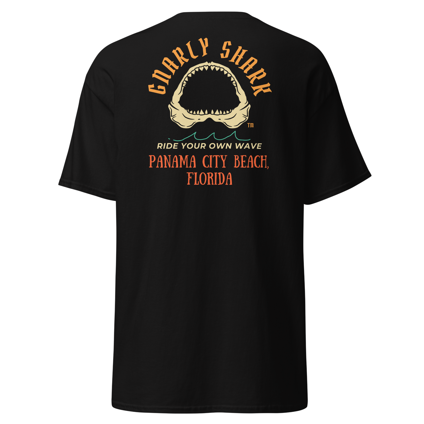 Gnarly Shark Panama City Beach Florida T-Shirt - Front / Back - Gildan classic 5000