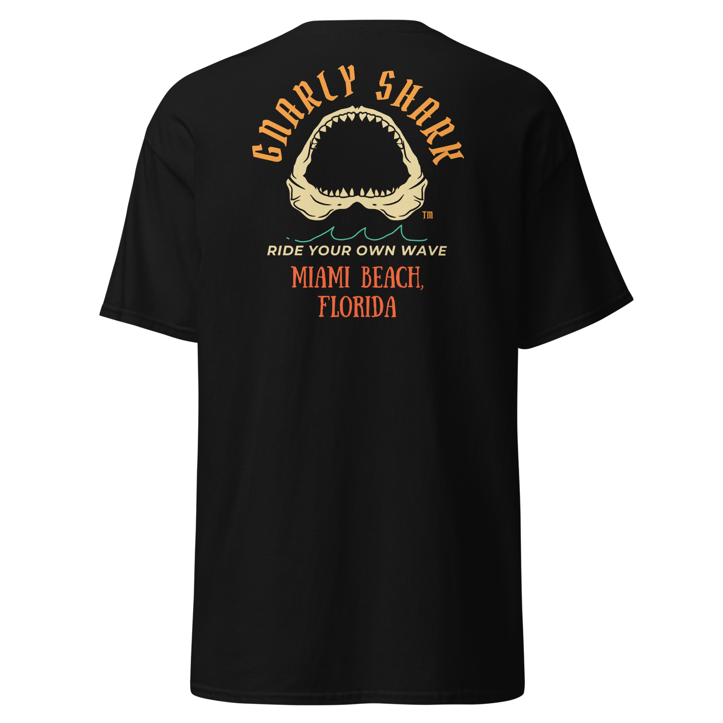 Gnarly Shark Miami Beach Florida T-Shirt - Front / Back - Gildan classic 5000