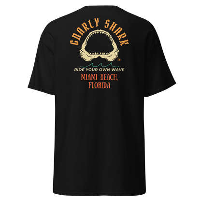 Gnarly Shark Miami Beach Florida T-Shirt - Front / Back - Gildan classic 5000