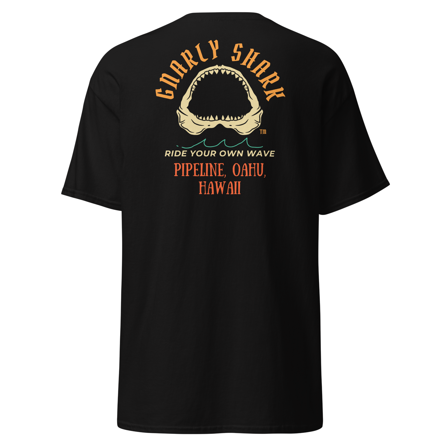 Gnarly Shark Pipeline Oahu Hawaii T-Shirt - Front / Back - Gildan classic 5000