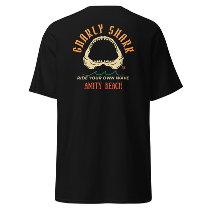 Gnarly Shark Amity Beach T- shirt - Front / Back - Gildan classic 5000