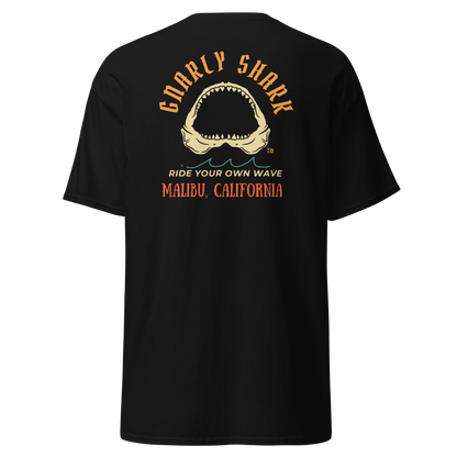 Gnarly Shark Malibu California T-Shirt - Front / Back - Gildan classic 5000