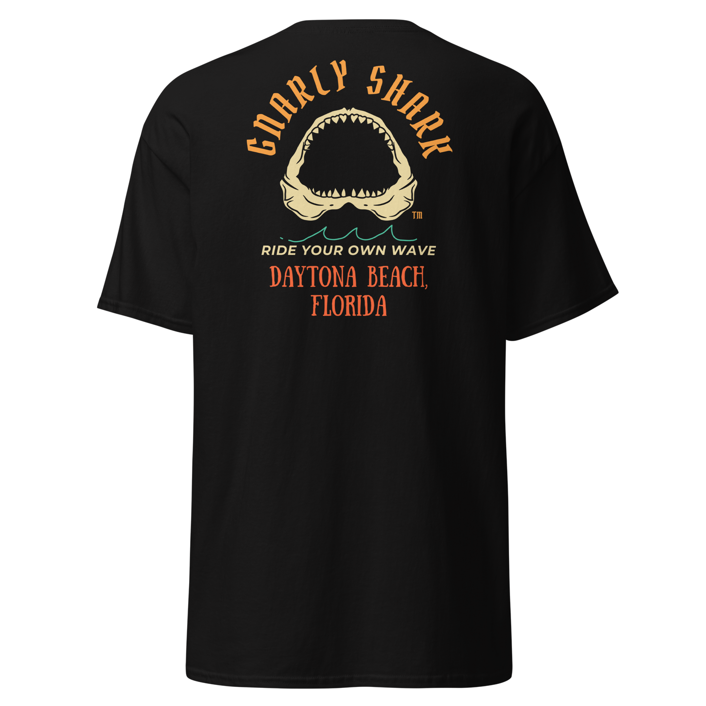 Gnarly Shark Daytona Beach Florida T-Shirt - Front / Back - Gildan classic 5000