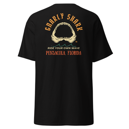 Gnarly Shark Pensacola Florida T-Shirt - Front / Back - Gildan classic 5000