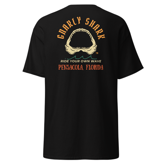 Gnarly Shark Pensacola Florida T-Shirt - Front / Back - Gildan classic 5000