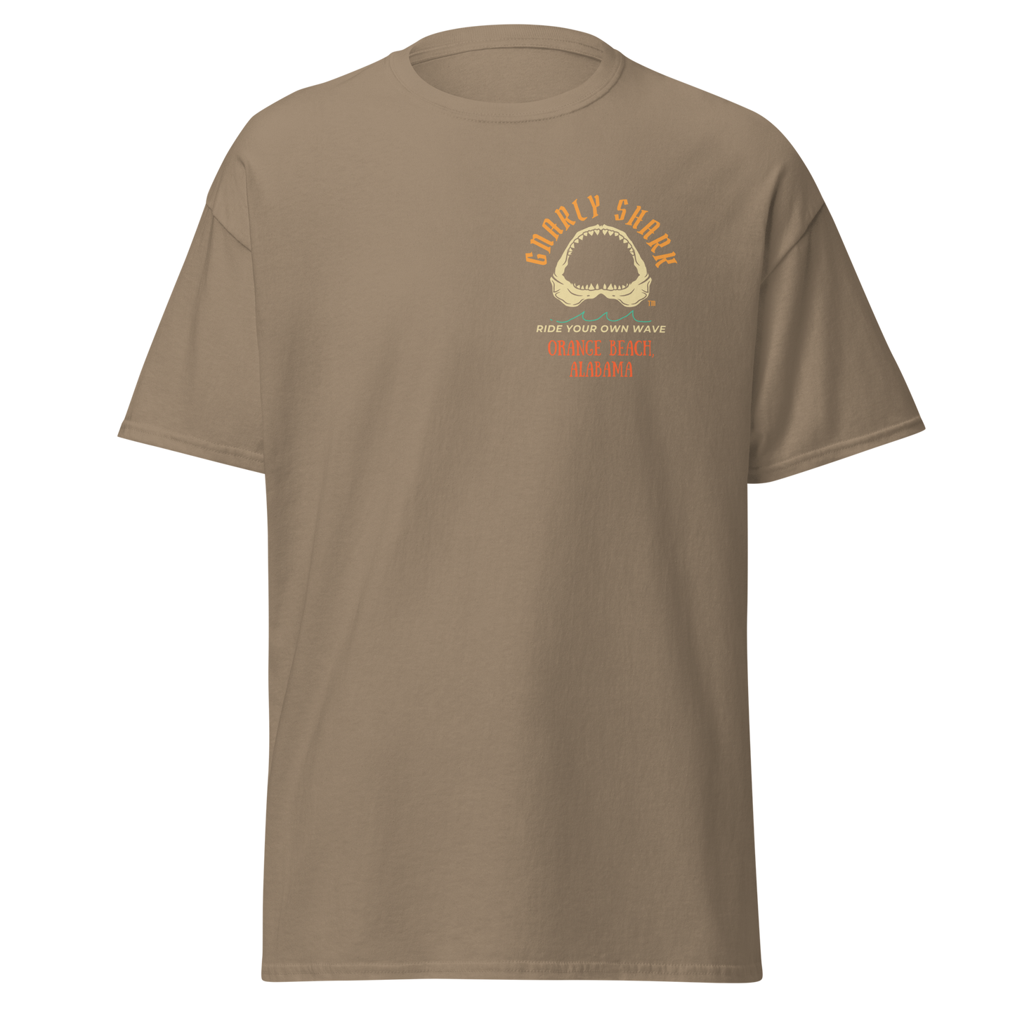 Gnarly Shark Orange Beach Alabama T-Shirt - Front / Back - Gildan classic 5000