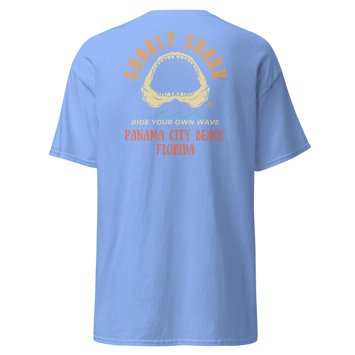 Gnarly Shark Panama City Beach Florida T-Shirt - Front / Back - Gildan classic 5000