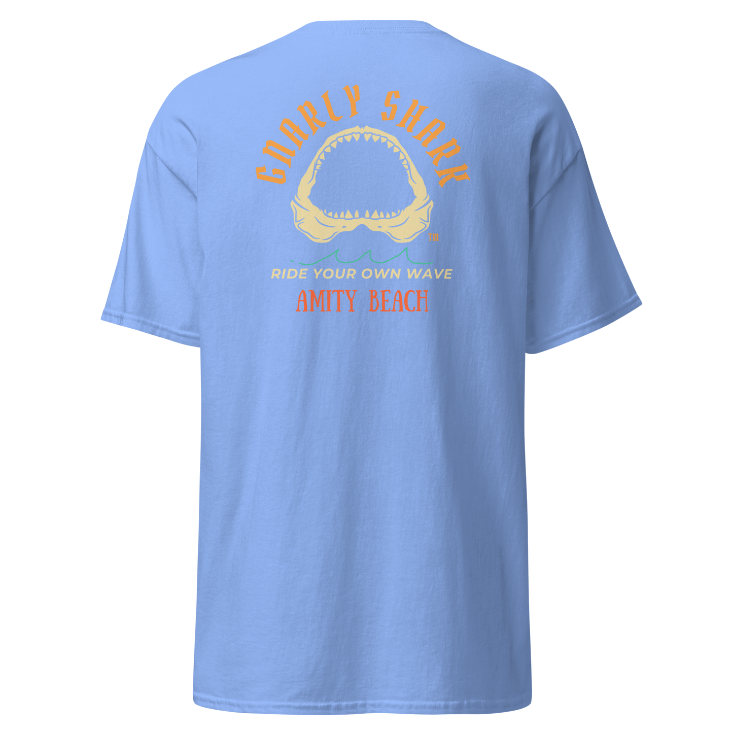 Gnarly Shark Amity Beach T- shirt - Front / Back - Gildan classic 5000