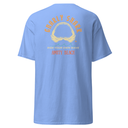 Gnarly Shark Amity Beach T- shirt - Front / Back - Gildan classic 5000