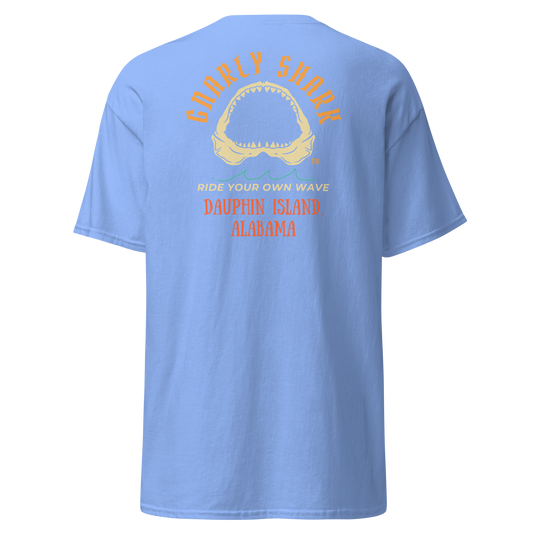 Gnarly Shark Dauphin Island Alabama T-Shirt - Front / Back - Gildan classic 5000