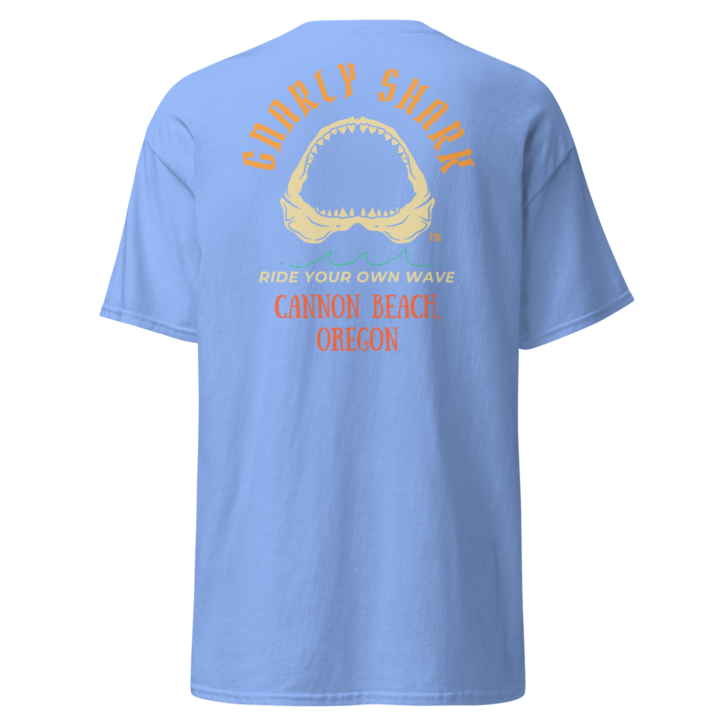 Gnarly Shark Cannon Beach Oregon T-Shirt - Front / Back - Gildan classic 5000