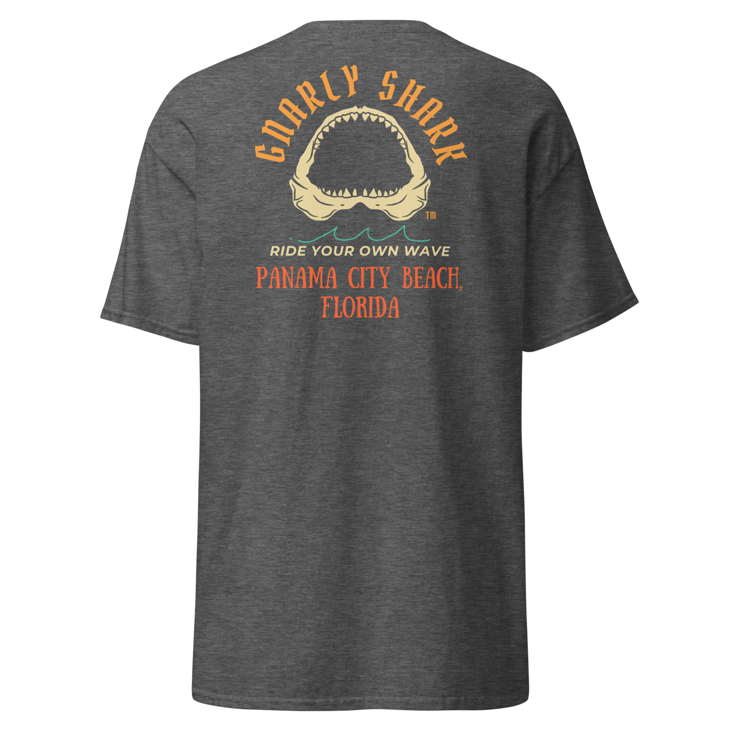 Gnarly Shark Panama City Beach Florida T-Shirt - Front / Back - Gildan classic 5000