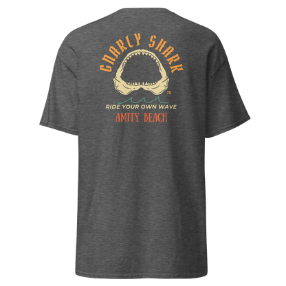 Gnarly Shark Amity Beach T- shirt - Front / Back - Gildan classic 5000