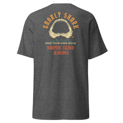 Gnarly Shark Dauphin Island Alabama T-Shirt - Front / Back - Gildan classic 5000