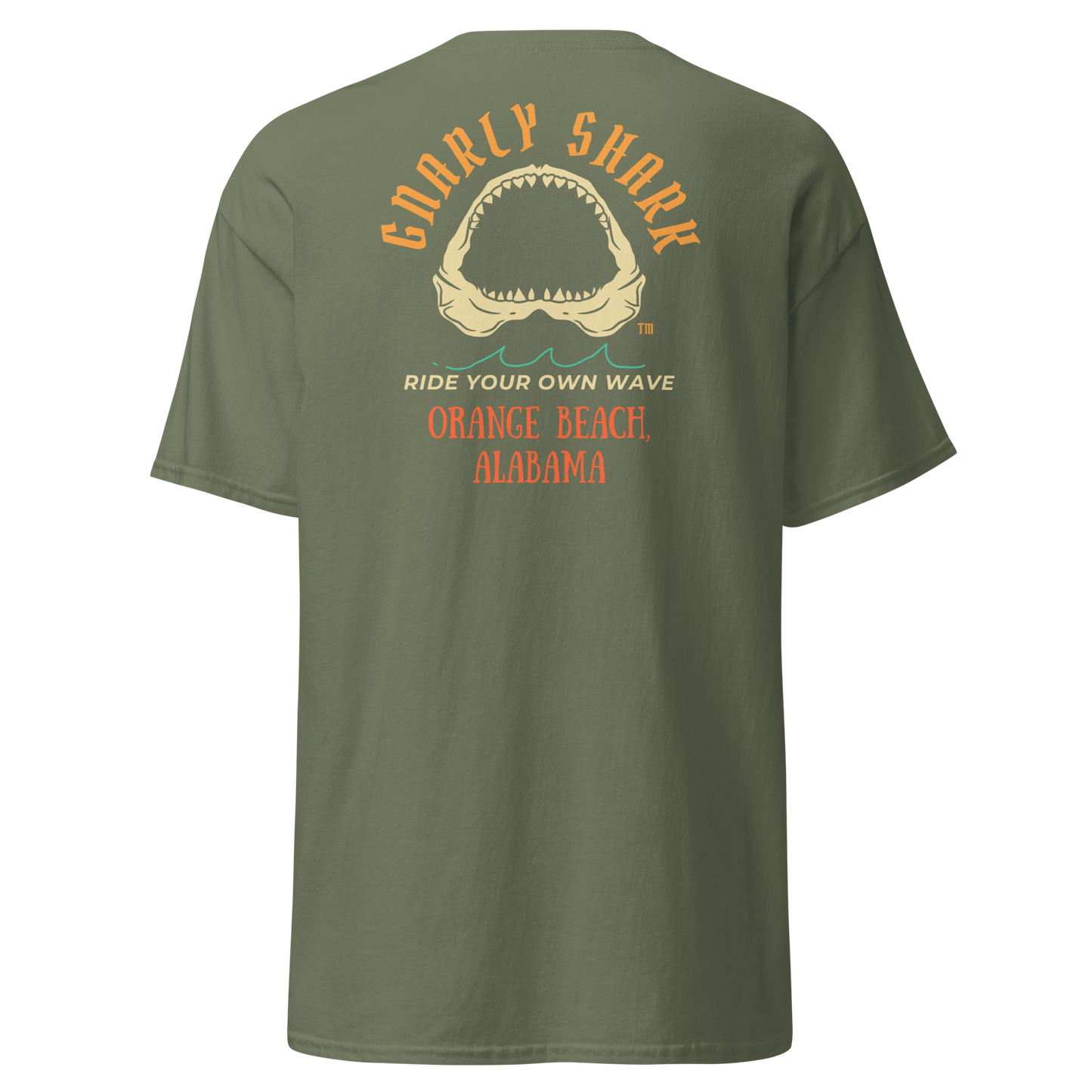 Gnarly Shark Orange Beach Alabama T-Shirt - Front / Back - Gildan classic 5000