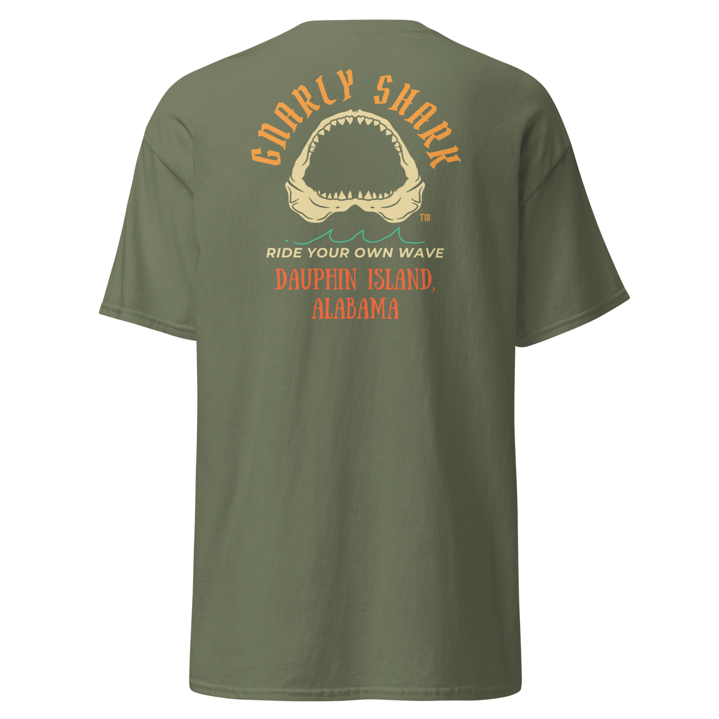 Gnarly Shark Dauphin Island Alabama T-Shirt - Front / Back - Gildan classic 5000