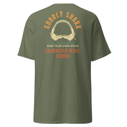 Gnarly Shark Clearwater Beach Florida T-Shirt - Front / Back - Gildan classic 5000