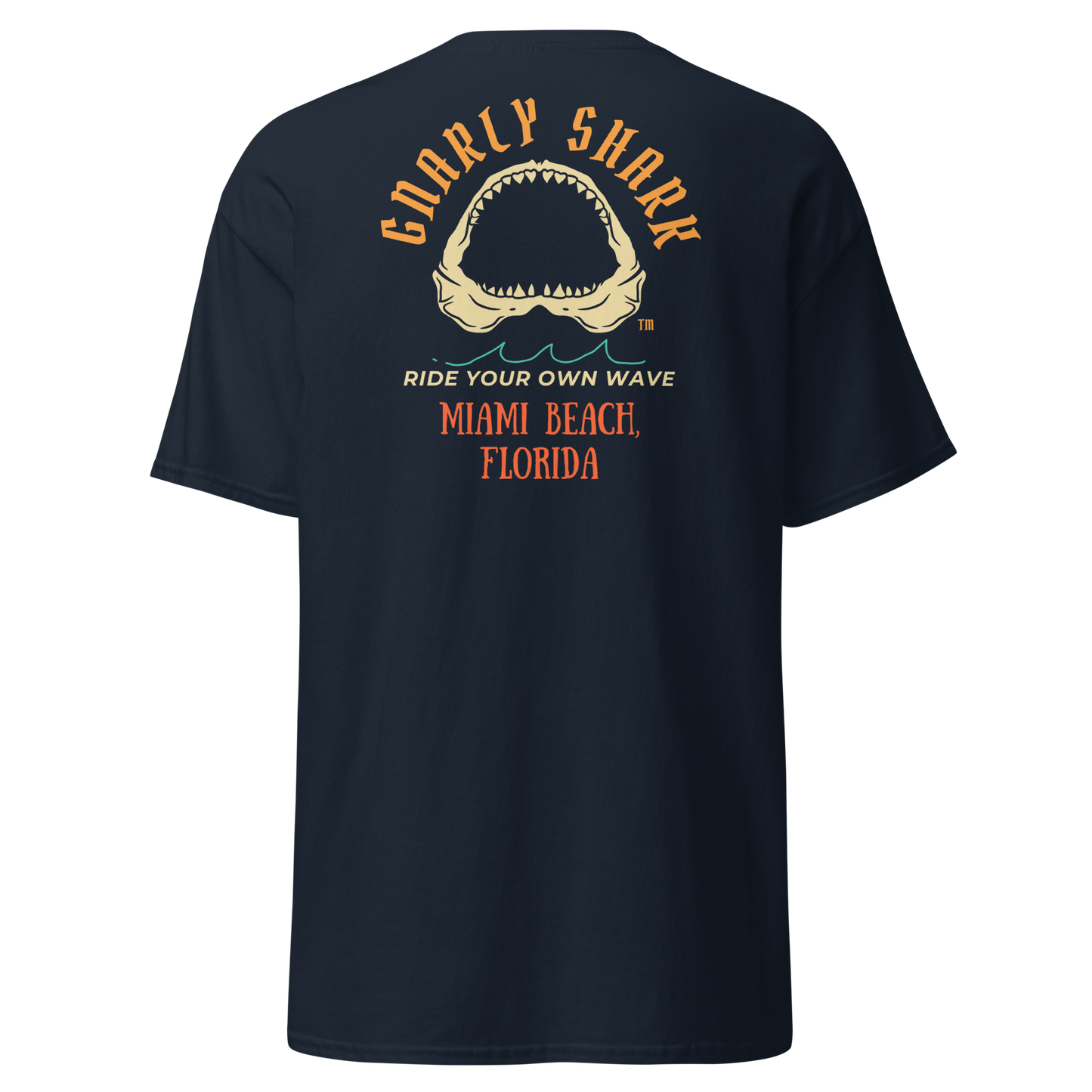 Gnarly Shark Miami Beach Florida T-Shirt - Front / Back - Gildan classic 5000