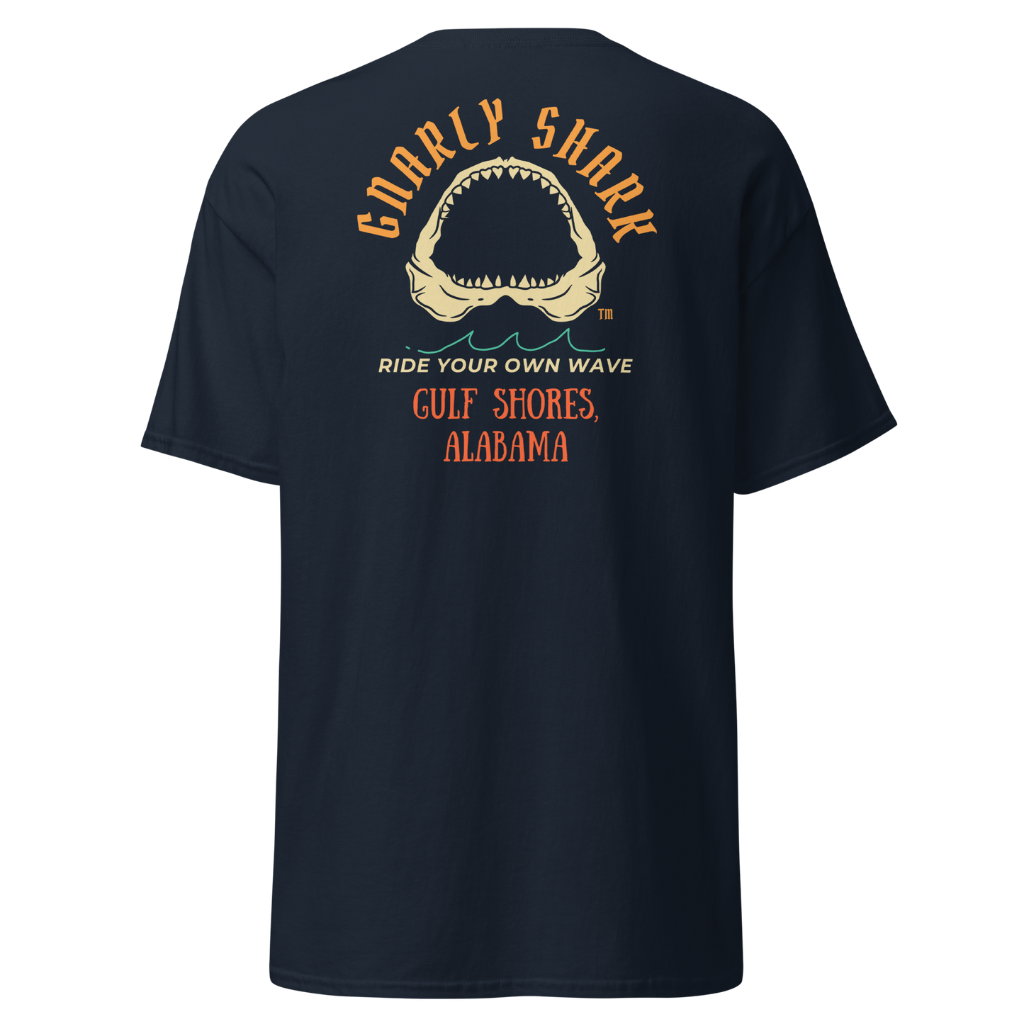 Gnarly Shark Gulf Shores Alabama T- shirt - Front / Back - Gildan classic 5000