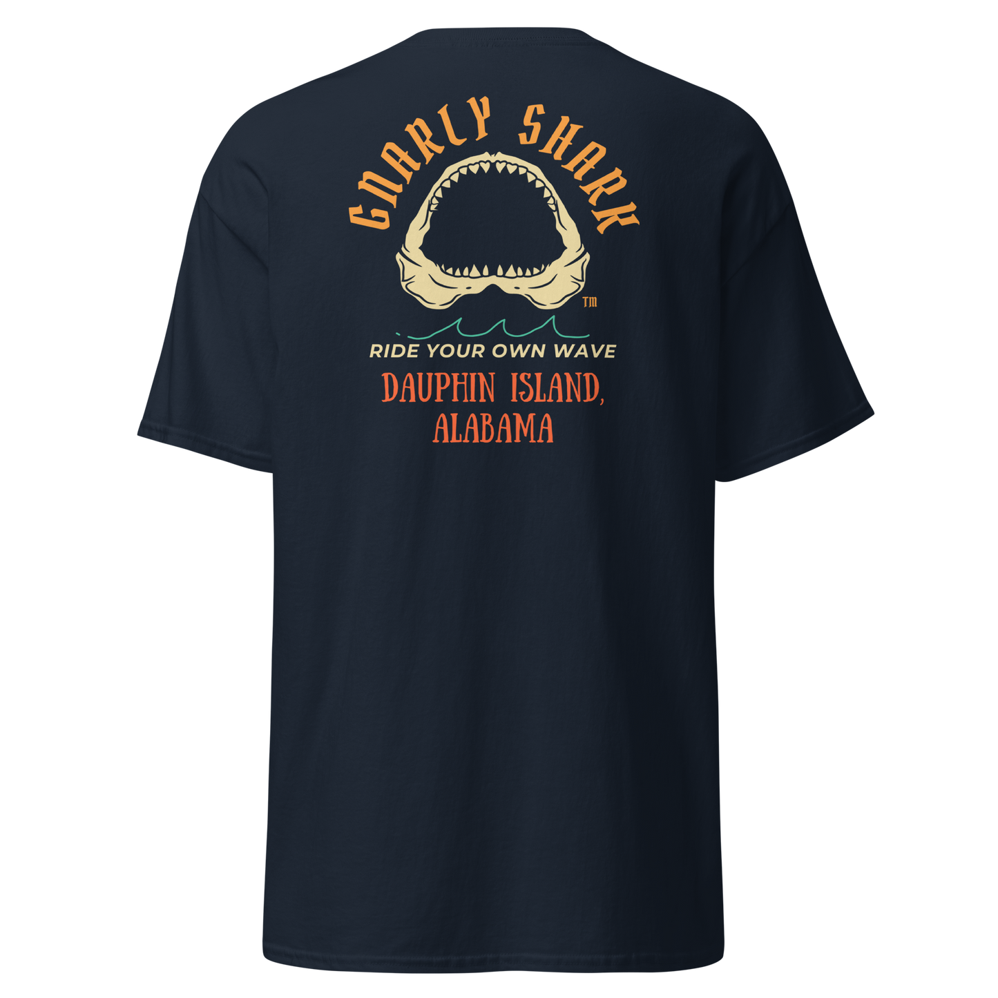 Gnarly Shark Dauphin Island Alabama T-Shirt - Front / Back - Gildan classic 5000