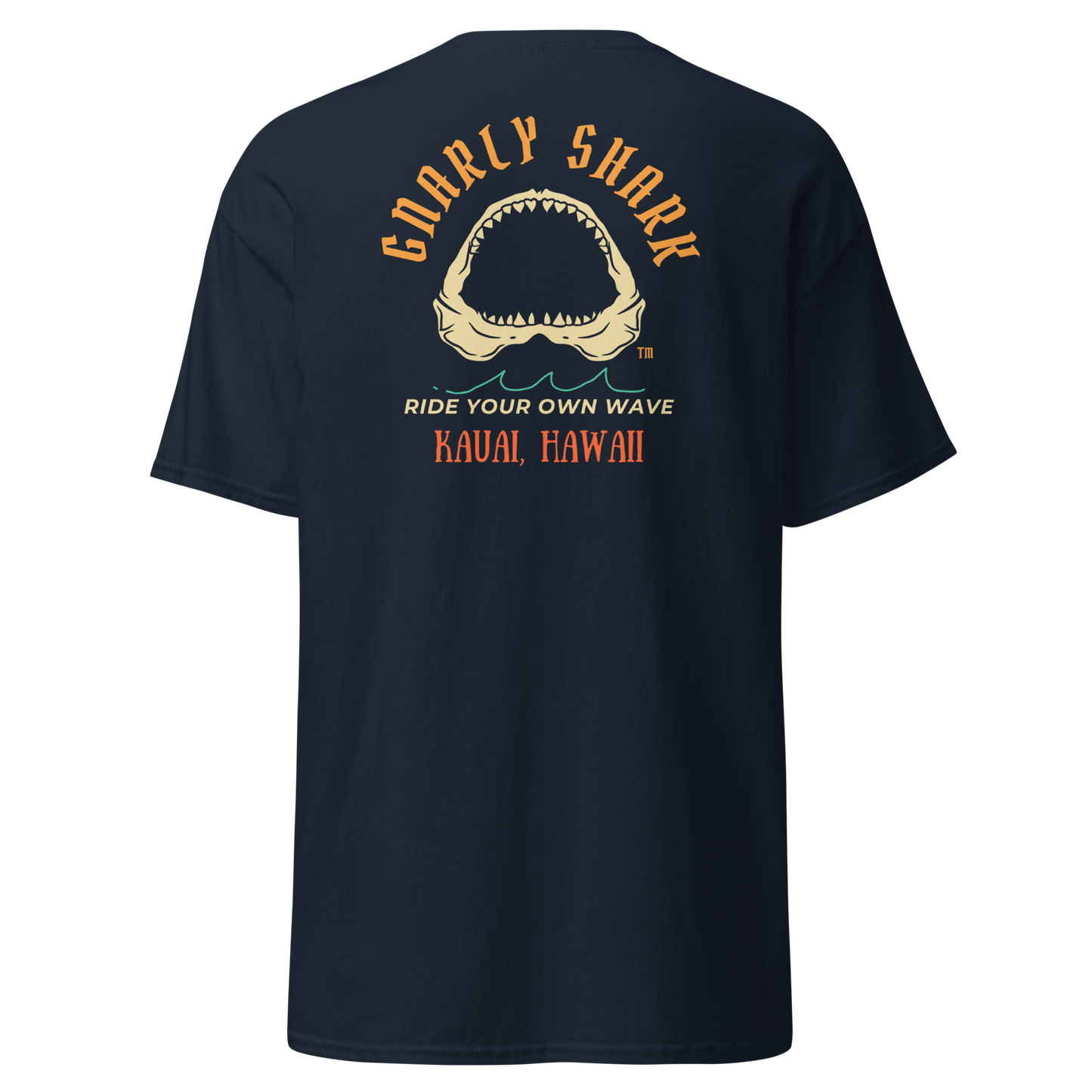 Gnarly Shark Kauai Hawaii T-Shirt - Front / Back - Gildan classic 5000