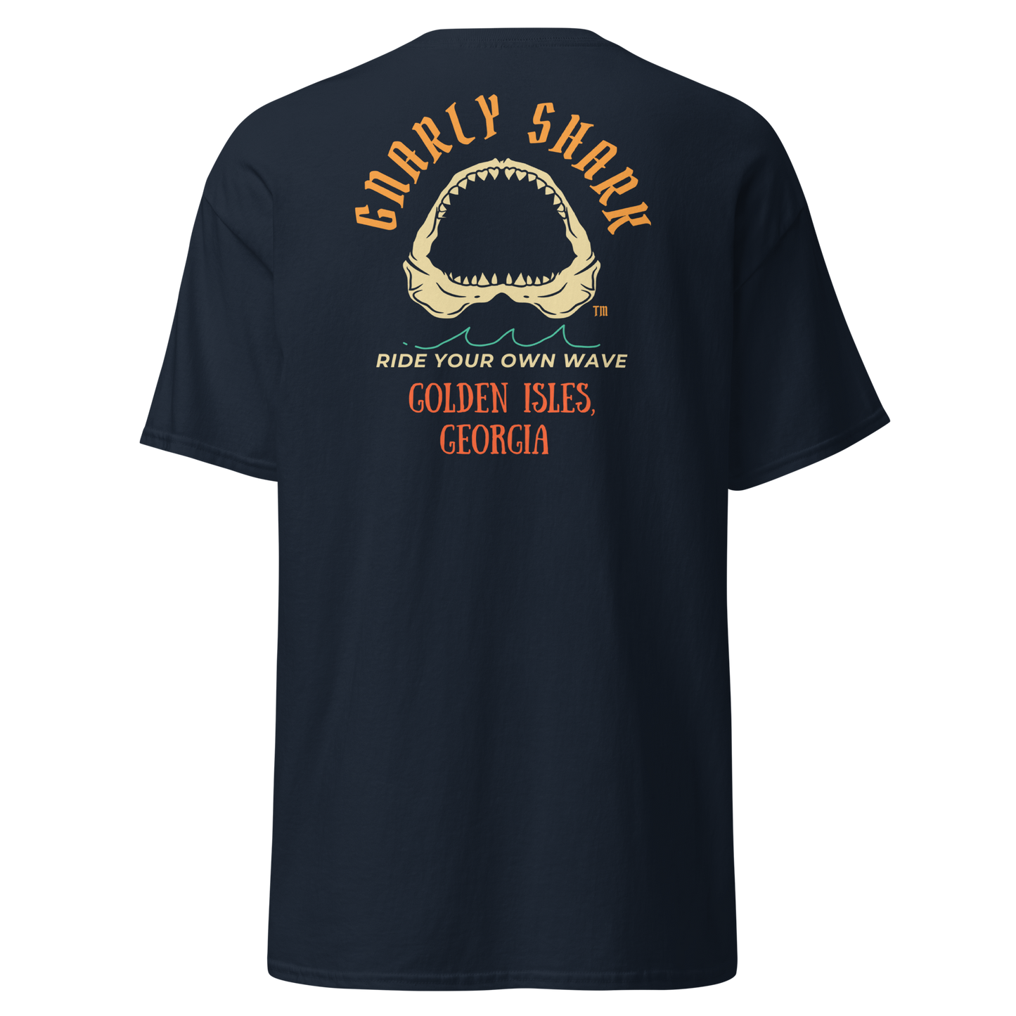 Gnarly Shark Golden Isles Georgia T-Shirt - Front / Back - Gildan classic 5000