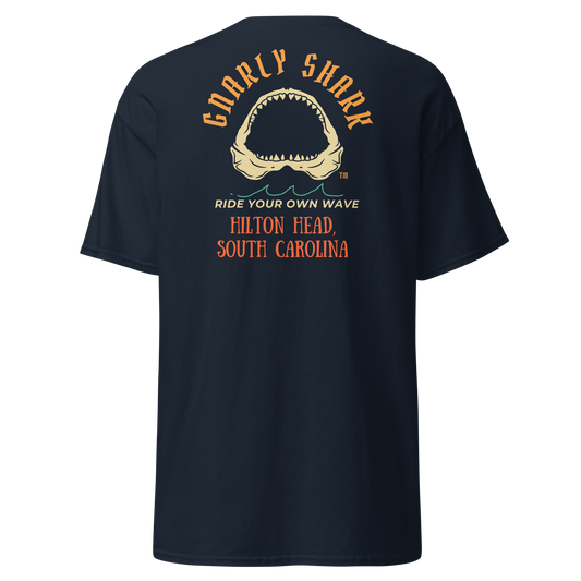 Gnarly Shark Hilton Head South Carolina T-Shirt - Front / Back - Gildan classic 5000