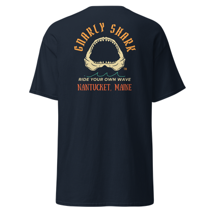 Gnarly Shark Nantucket Maine T-Shirt - Front / Back - Gildan classic 5000