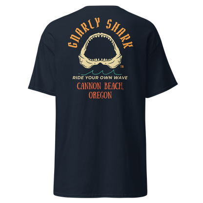 Gnarly Shark Cannon Beach Oregon T-Shirt - Front / Back - Gildan classic 5000