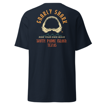 Gnarly Shark South Padre Island Texas T-Shirt - Front / Back - Gildan classic 5000