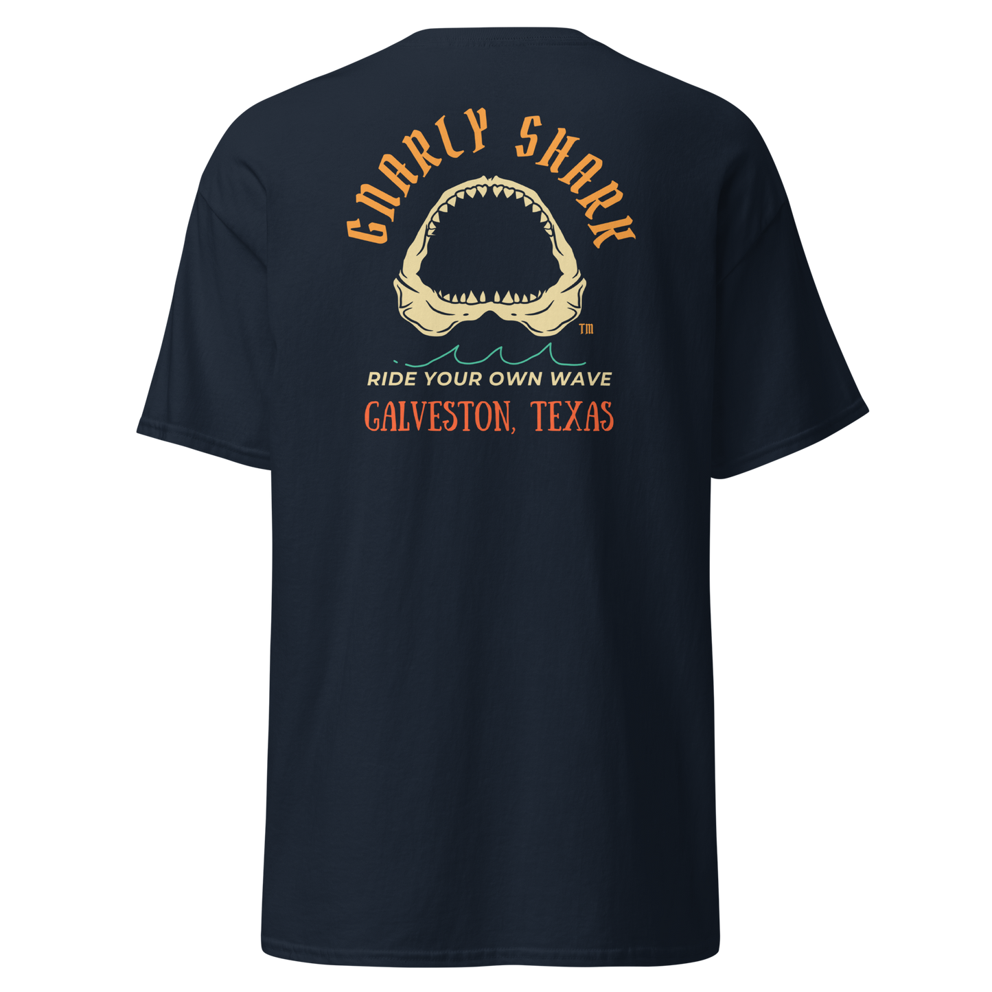 Gnarly Shark Galveston Texas T-Shirt - Front / Back - Gildan classic 5000