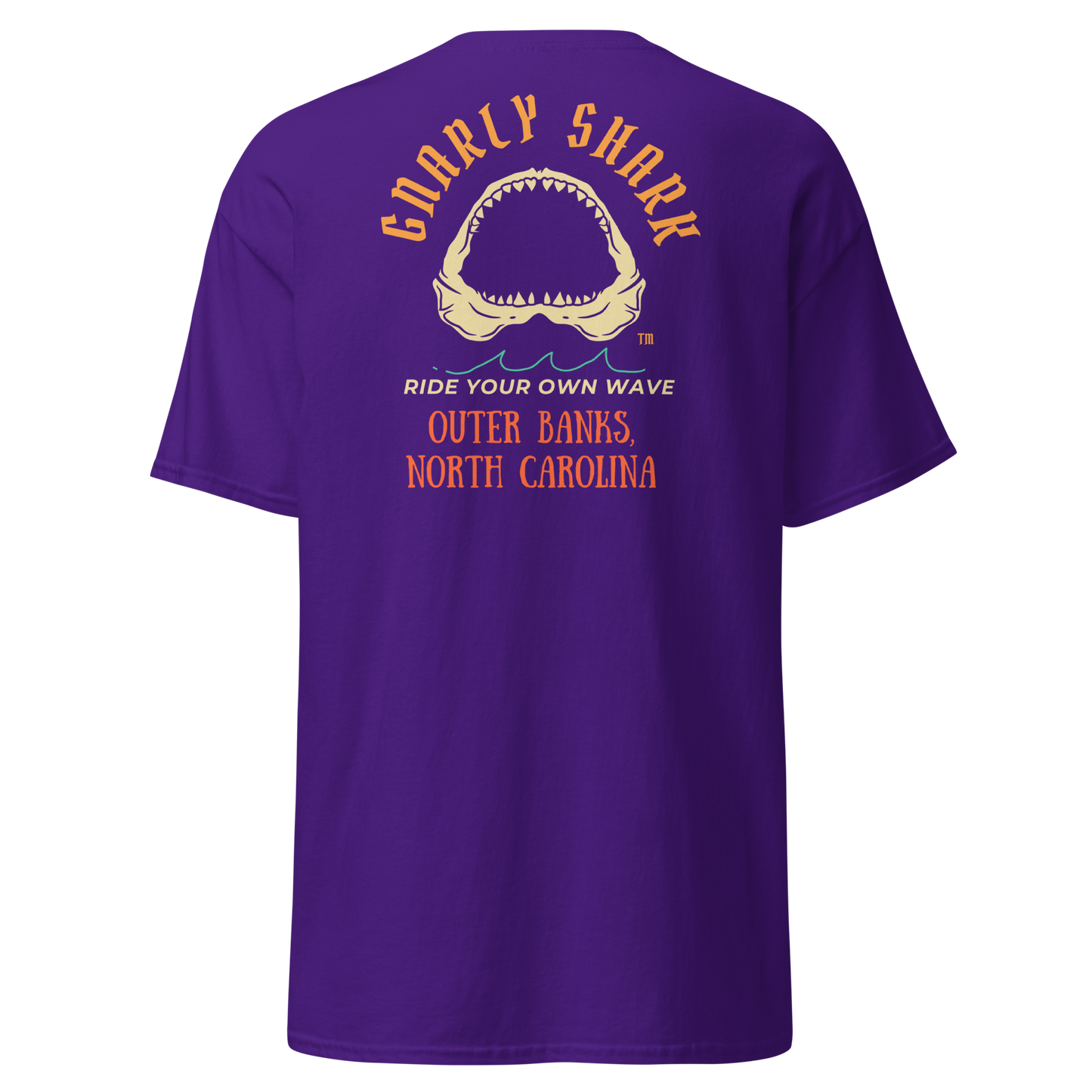 Gnarly Shark Outer Banks North Carolina T-Shirt - Front / Back - Gildan classic 5000