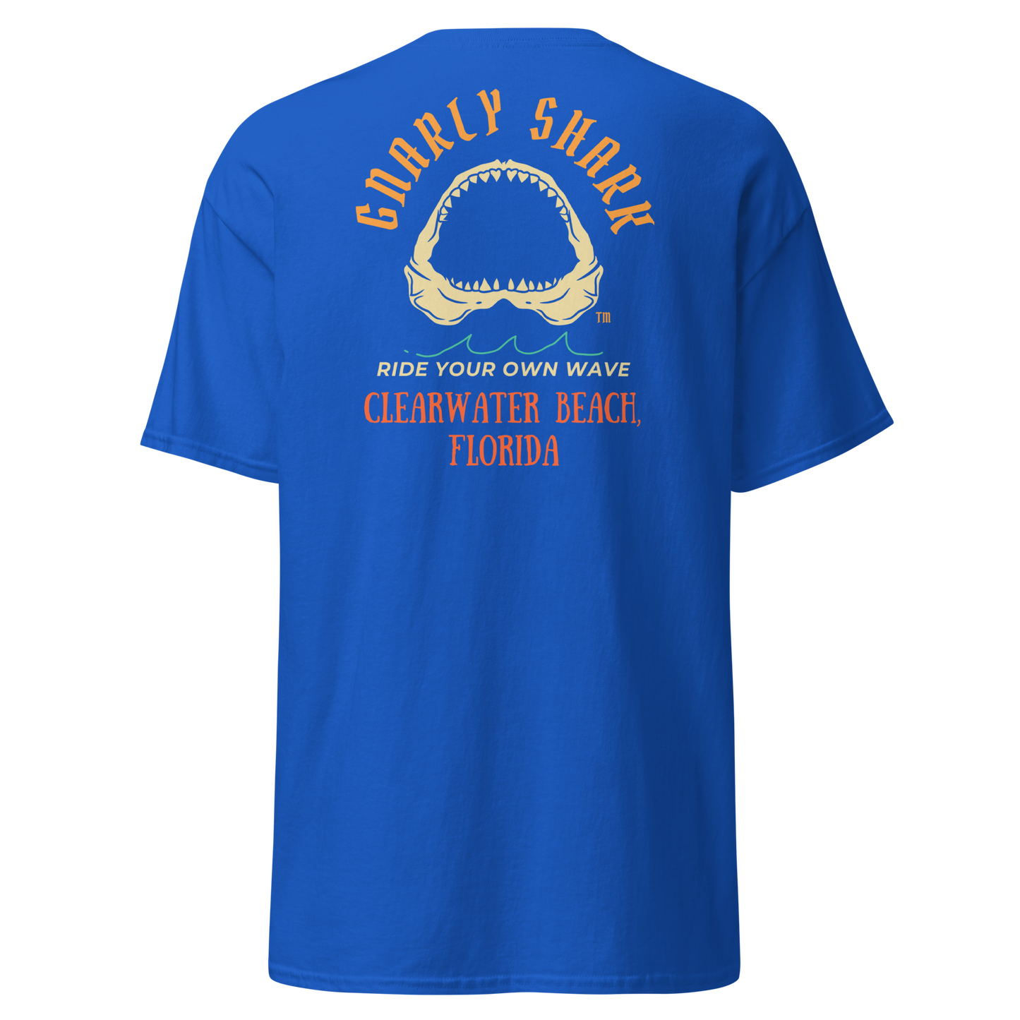 Gnarly Shark Clearwater Beach Florida T-Shirt - Front / Back - Gildan classic 5000